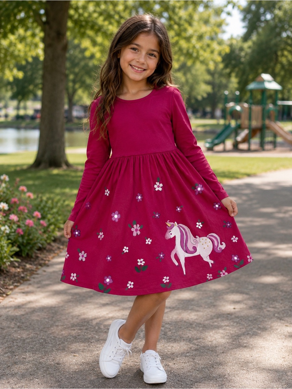 Blueberi Boulevard Girls' Unicorn Floral Dress - Magenta Pink